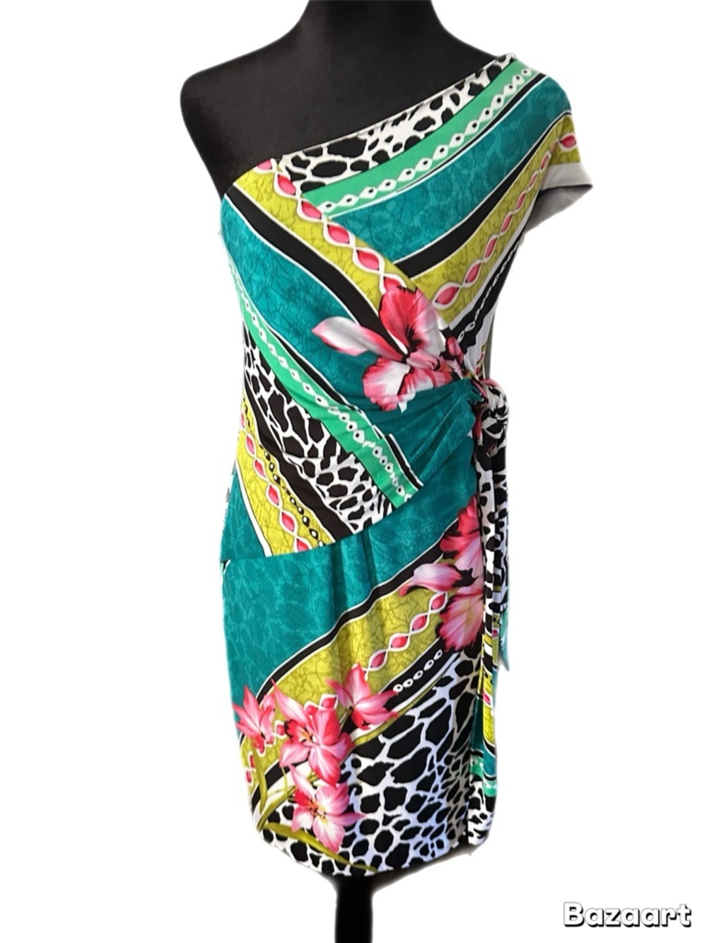 MUSE Boston Proper Teal Floral One-Shoulder Swim Coverup with Pink Accents